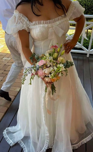 White Cute A Line Puff Organza Long Prom Dress Party Dress Birthday Dress HZ1023